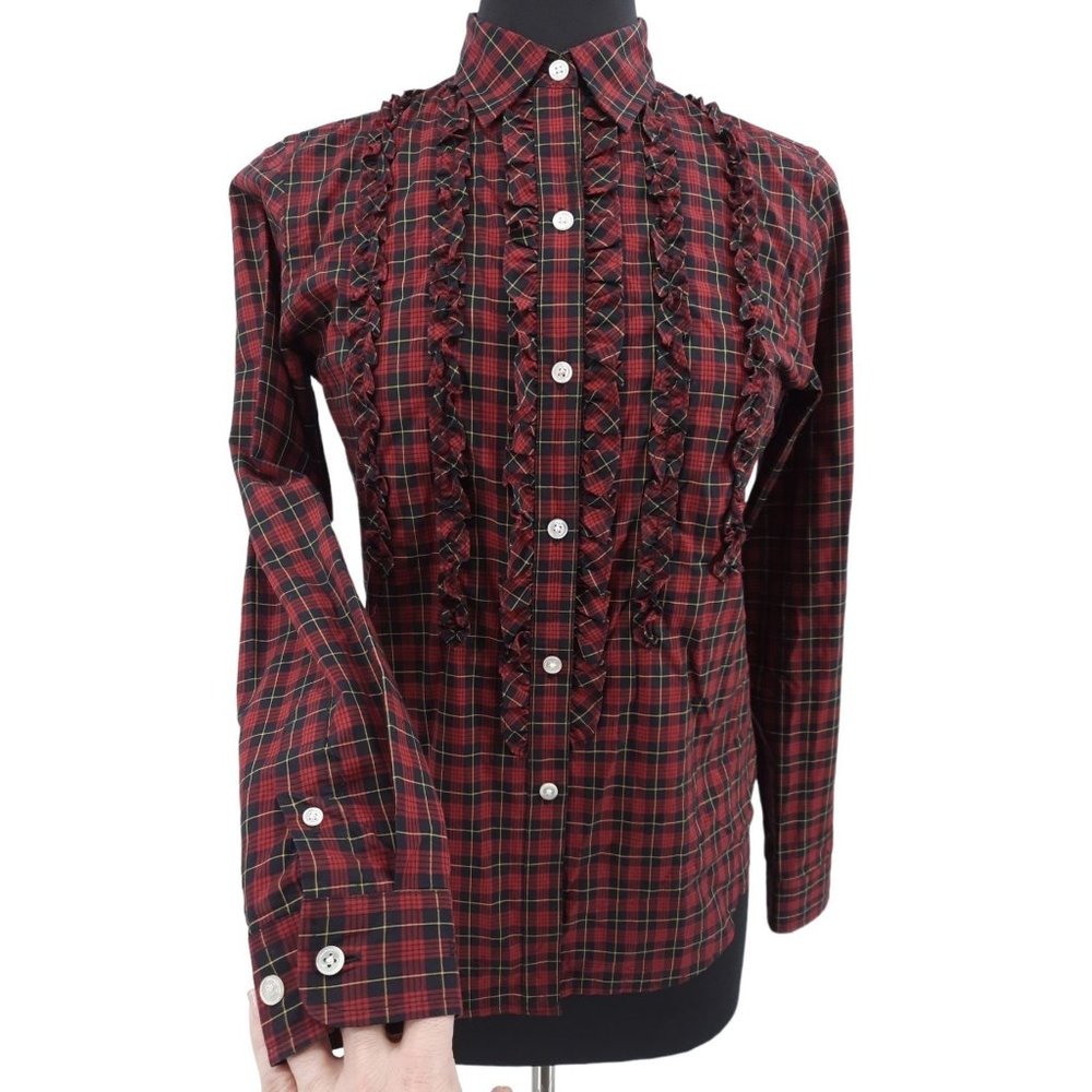 VTG 90s Lauren Ralph Lauren Red Plaid Ruffled Button Up Long Sleeve Top S Petite - Picture 2 of 9